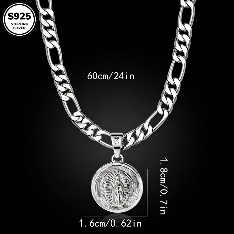 Image of 925 Silvery Chain Round Embossed Portrait Pendant Necklace For Men, Vintage Street Daily Jewelry, Gift For Easter Christmas Birthday Valentine's Day Father's Day Anniversary New Year, With Gift Box