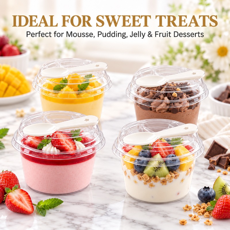 141pcs Mini Round Pudding Cups Set with Lids and Spoons
