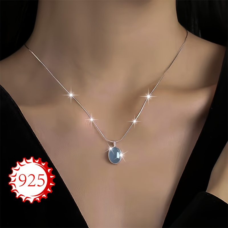 TEMU A Single Piece Necklace Made Of 925 Sterling Silver Hypoallergenic, Featuring Aquamarine And . It Has A With Oval Pendant, Perfect As A Gift For Couples Or , Suitable For Daily Wear, Weddings