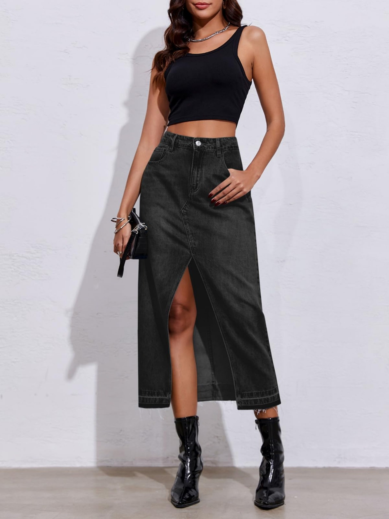 womens high waist long denim skirt hem western split Temu