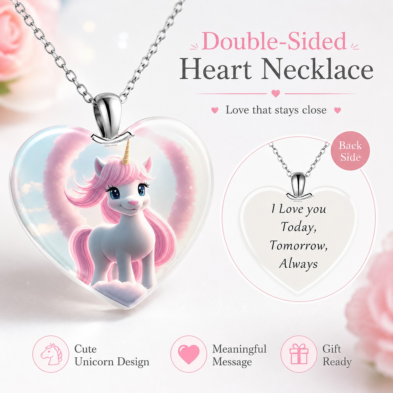 TEMU Double-sided Unicorn Heart Pendant Necklace For And Women, Silvery-tone Cute Fantasy Jewelry With "i Love , Tomorrow, " Message, Gift For