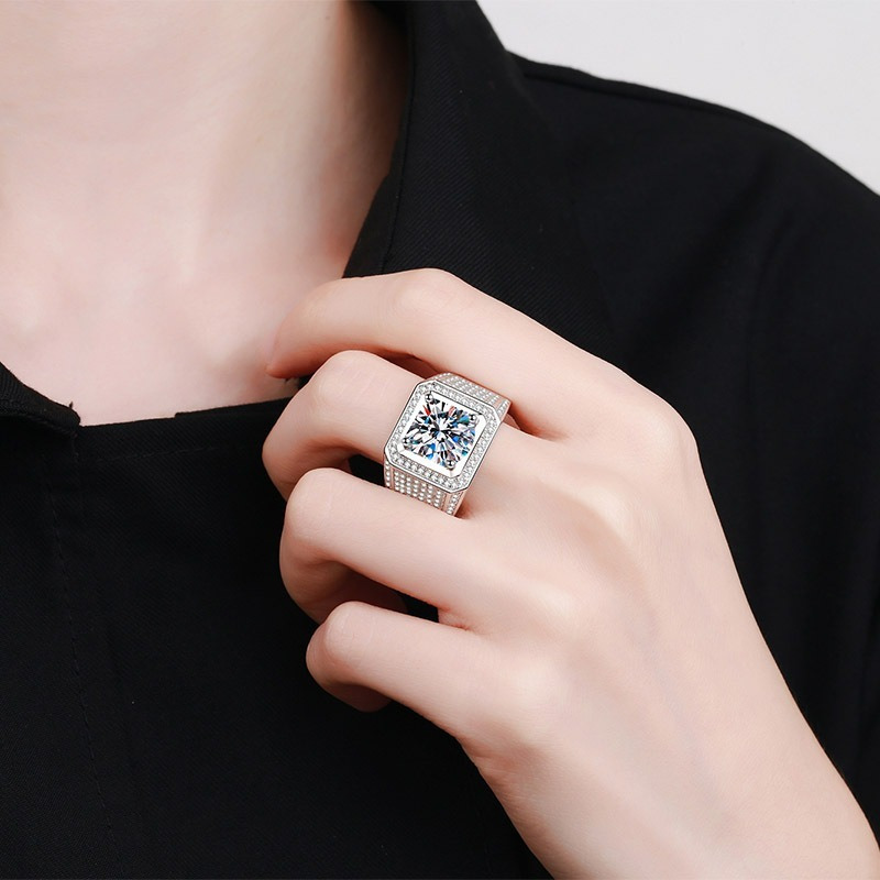 925 Sterling Silver Big Men's Ring with Moissanite
