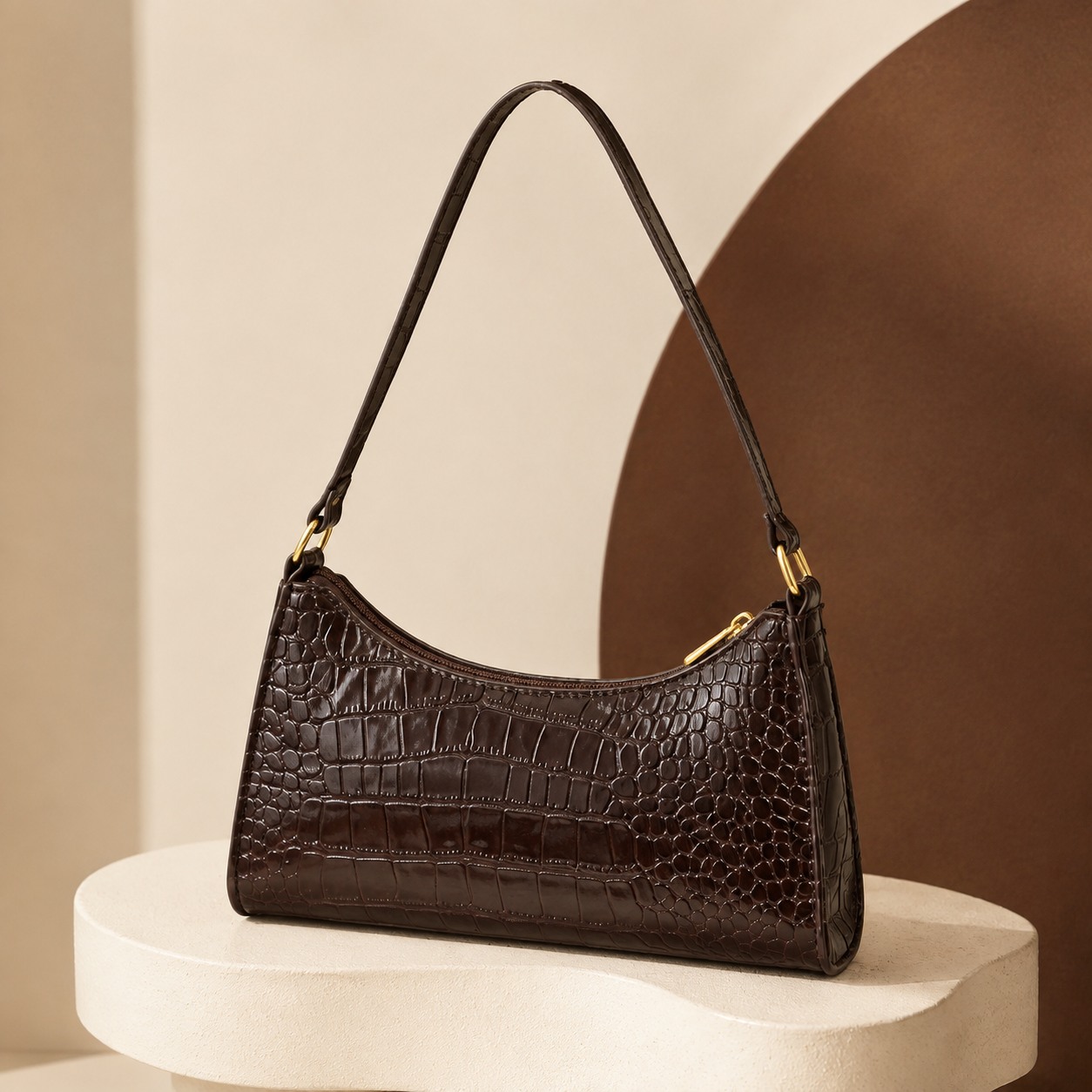 TEMU Women's Dark Brown Crocodile-embossed Shoulder Bag, Slim Curved Underarm Handbag With Gold-tone Hardware, Compact Fashion Purse For Daily