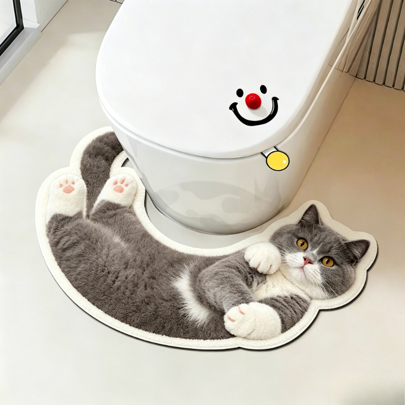 TEMU Velvet 900g   9mm Cartoon British Shorthair Cat Pattern Rug, Creative And Fun U-shaped Non-slip Bath Mat, Cute Cream Style Bedroom Decor For