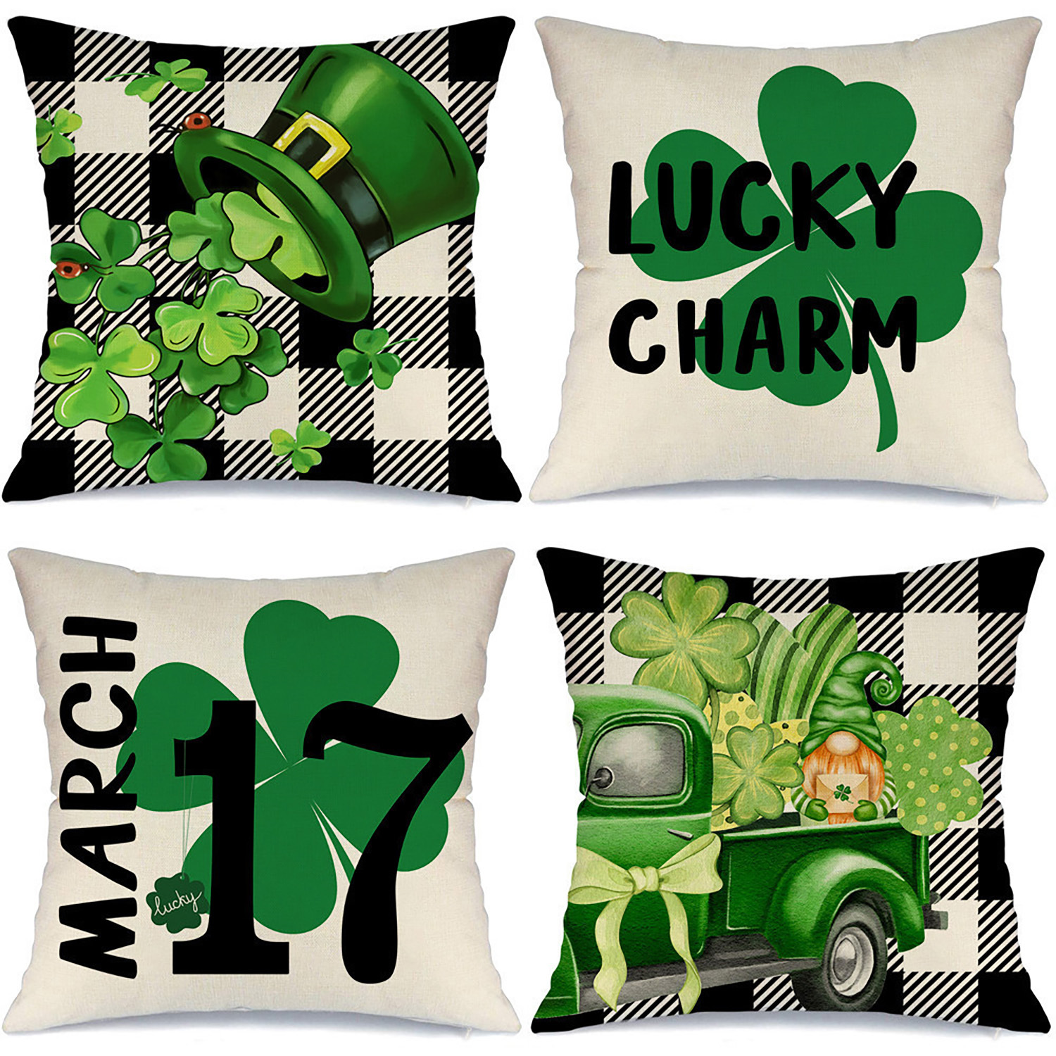 

4pcs Clover Hat St Patricks Day Pillow Covers Farmhouse St Patricks Day Decorations Charm Gnomes Truck Shamrock Throw For Home Sofa Couch