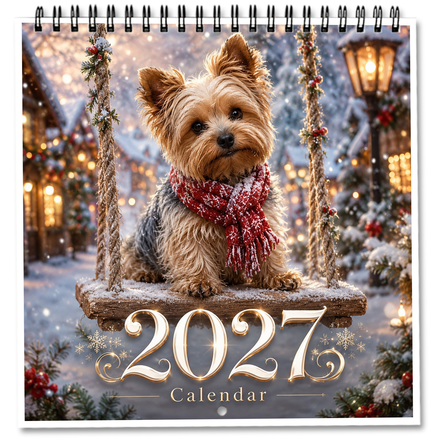 TEMU 1 Set de calendrier mural 2027 avec un adorable chiot Yorkshire Terrier sur balançoire dans une scène hivernale enneigée, planificateur carré à