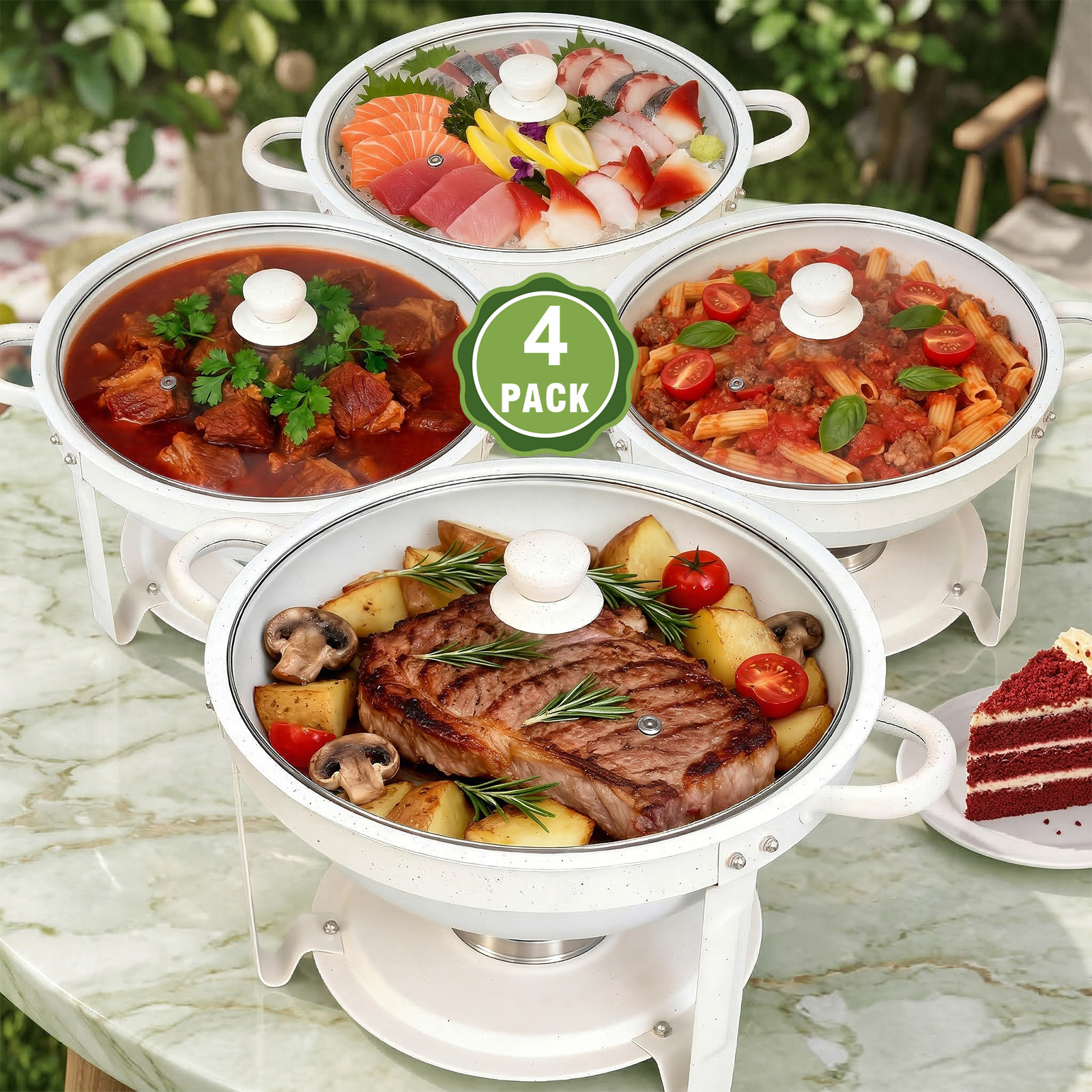 Image of 6qt Round Chafing Dish Pack Of 1/2/4/6, White Granite Finish Stainless Steel With Transparent Lids - Elegant Buffet Servers & Warmers, Stackable Storage, Wedding, Catering, Part - Cooking, Cooking