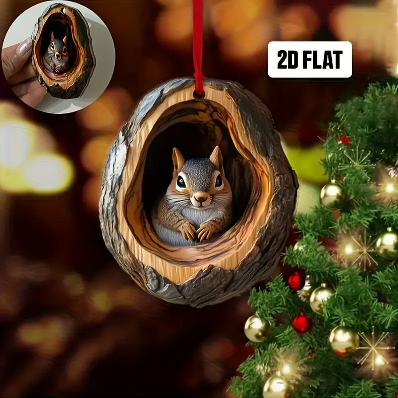 TEMU 2d Flat 1pc Cute Wooden Squirrel Hanging Ornament Very Suitable For Car Rearview Mirror And Christmas Decoration Squirrel Lovers Ideal Gift