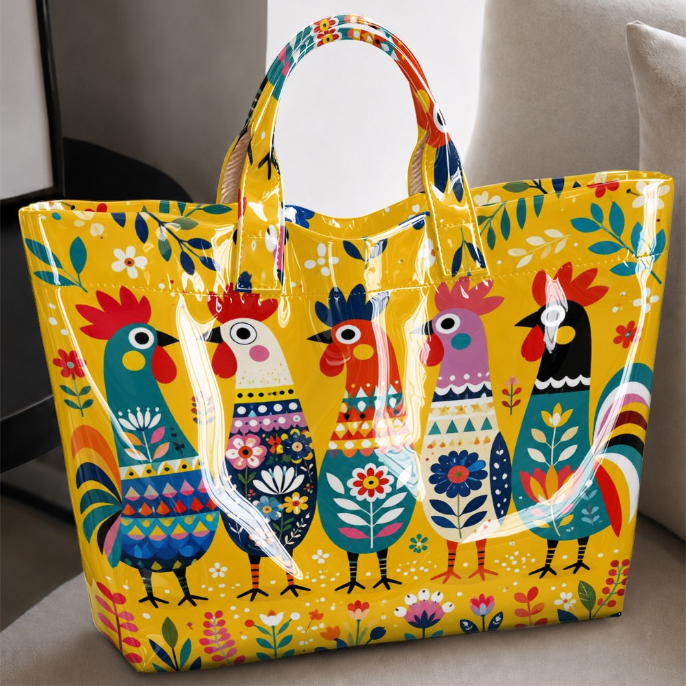 Image of Colorful Folk Rooster Floral Print Glossy Pvc Tote Bag, Fun Farmhouse Large Capacity Handheld Bag For , Shopping And Daily Use