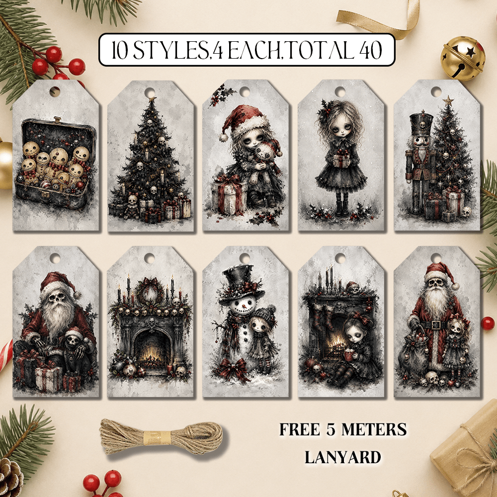 TEMU 40pcs, Dark Gothic Christmas Doll Tags, 10 Styles Of Pattern Tags, Winter Gift Tags, Christmas Tree Decoration Cards, Handwritten Tags, Gift Tag