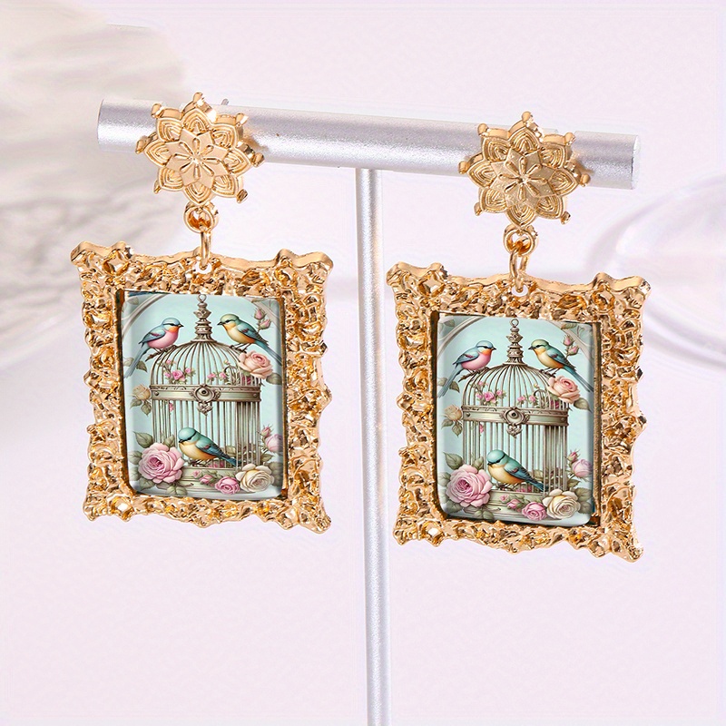 TEMU Retro Vogelkäfig mit Rosen Bild Rechteckiger Glas-Cabochon Goldene Ohrhänger Modischer handgefertigter Schmuck Accessoire Geschenke