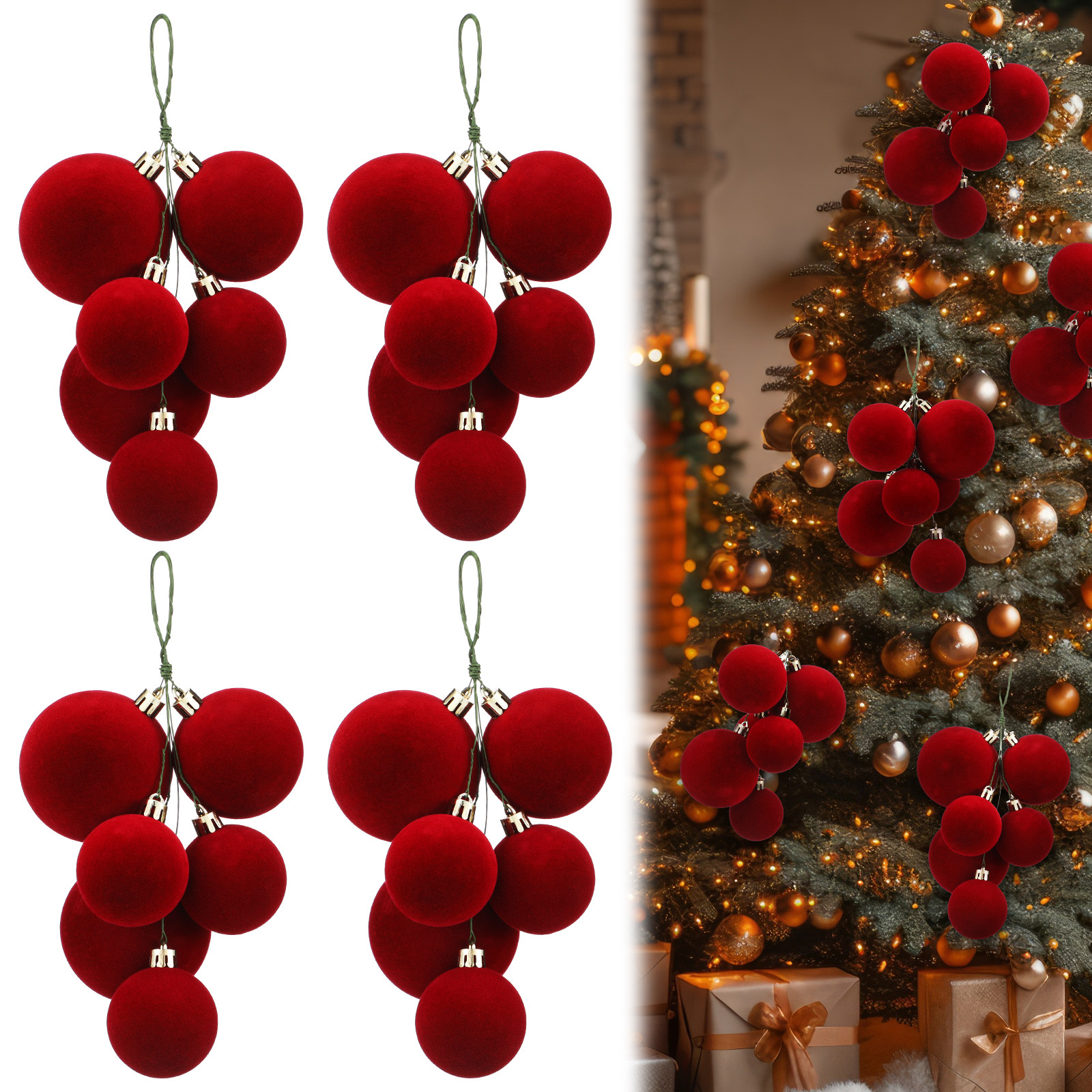 TEMU 4 Sets Of Large 24pcs Ball Decorations Trees, Red Velvet Ball Clusters, Pre- On A String, Tree Decorations, 2 To 2.8 Ball Decorations Hanging