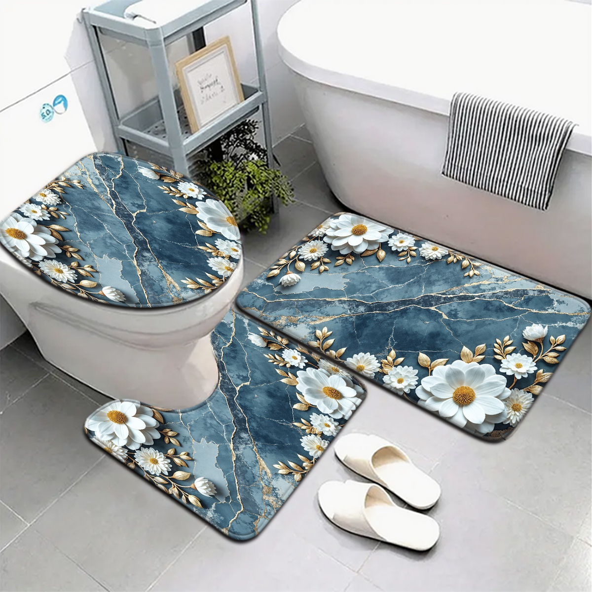 TEMU 3-piece/4-piece Blue Marble Background With White Pattern Bathroom Mat Set, Toilet Lid Cover And Rug, Bathroom Decor, U-shaped Foot Mat