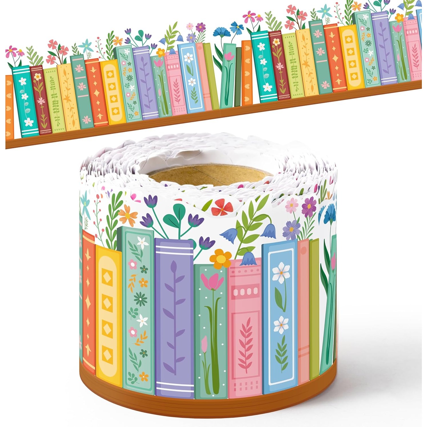 TEMU Décoration de bordure d'étagère de livres de fleurs - Autocollant auto-adhésif de 32,8 pi pour d'affichage de livres de fleurs de rentrée