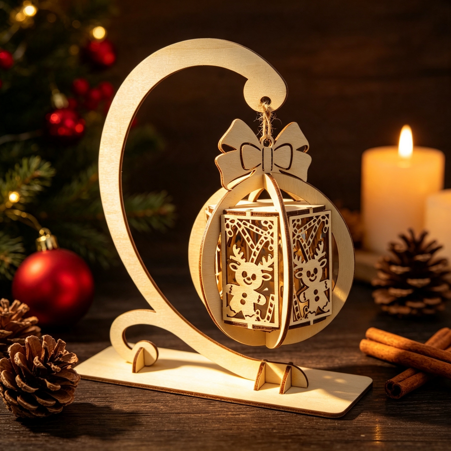 TEMU Decorazione di Natale di Legno, Luce Notturna a Candela Cava al Laser, Ornamento di Sospesa Assemblata per Tavolo Casa Festa di Natale Regalo