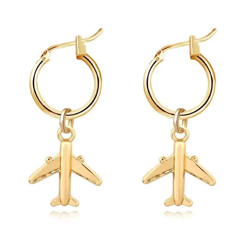 TEMU 1 Pair Of New Ins-style Fashionable Golden Small Airplane Women's Pendant Hoop Earrings, Simple And Solid Color Earrings And Ear Clips