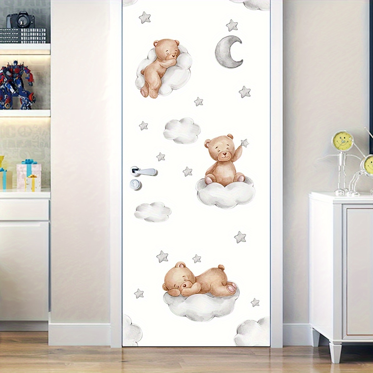 Image of 1pc Art Modern Wall Sticker Little Bear Cloud Door Sticker, , Peel Sticky Plaster; Used For Door Wall, Bedroom Living Room, Home Decoration