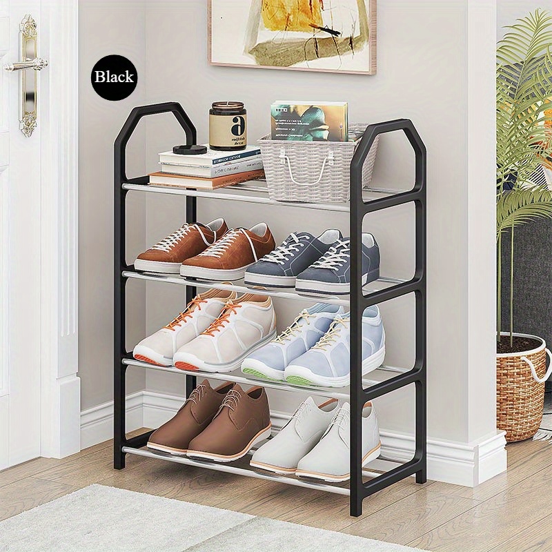 4-tier simple shoe rack, multi-functional and compact, easy assembly, dust-proof storage for home entrance, bedroom, living room - black metal frame with white sneakers display, shoe storage organizer details 3