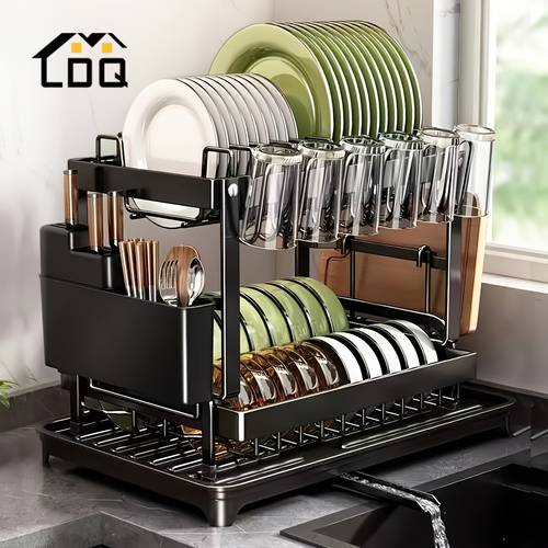 large capacity double layer carbon steel kitchen dish rack thickened stand with utensil holder 4 drainer for plates and bowls cups cutting boards cabin storage dish drying rack dish racks for drying dishes