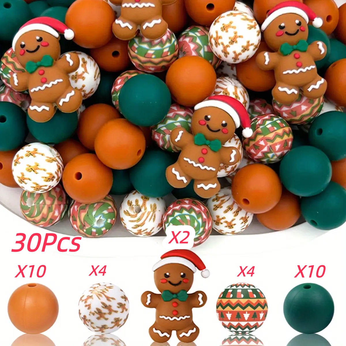 TEMU 30pcs Random Color 3d Gingerbread Man Silicone Bead Set: Includes 15mm Green Round Beads With Christmas Tree Print, Suitable For Jewelry Like