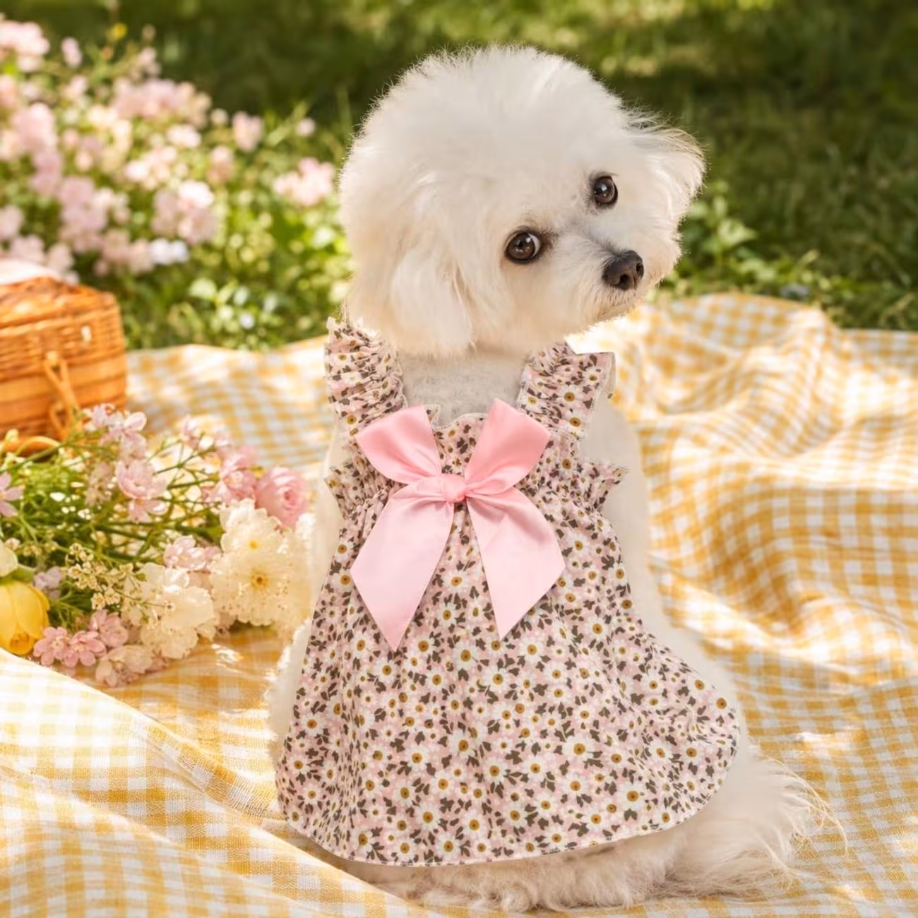 1pc small dog summer dress floral printed ruffle strap pet cami dress with back bow cute puppy clothes for bichon poodle daily outfit Product details 37