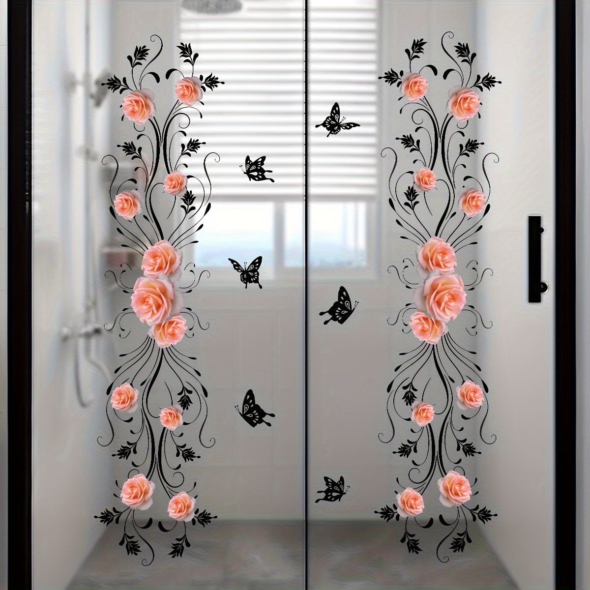 Image of 1pc Bathroom Glass Wall Sticker, Rose And Vine Mirror Sticker- Self-adhesive Removable Pvc Wall Sticker, Suitable For Home And Bathroom Decoration