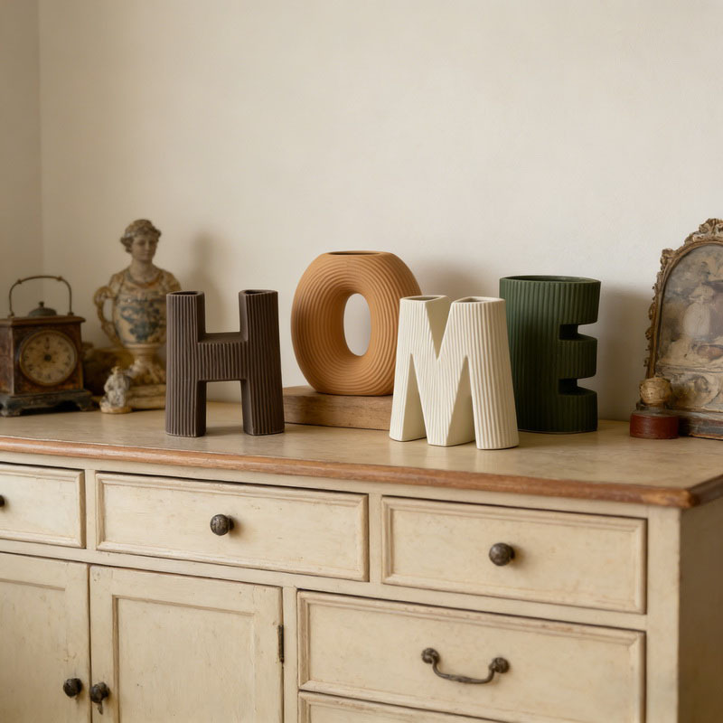 Image of Home Letter Shaped Ceramic Vases - Decorative Flower Vase Set For Living Room, Bedroom, Entryway Shelf Decor