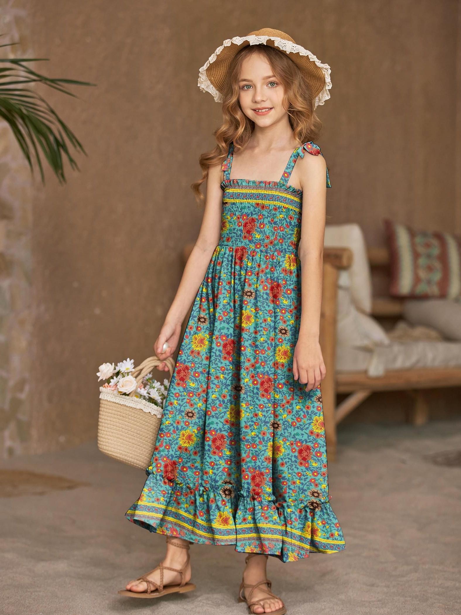 girls summer dress boho beach casual smocked maxi dresses 6 - Temu