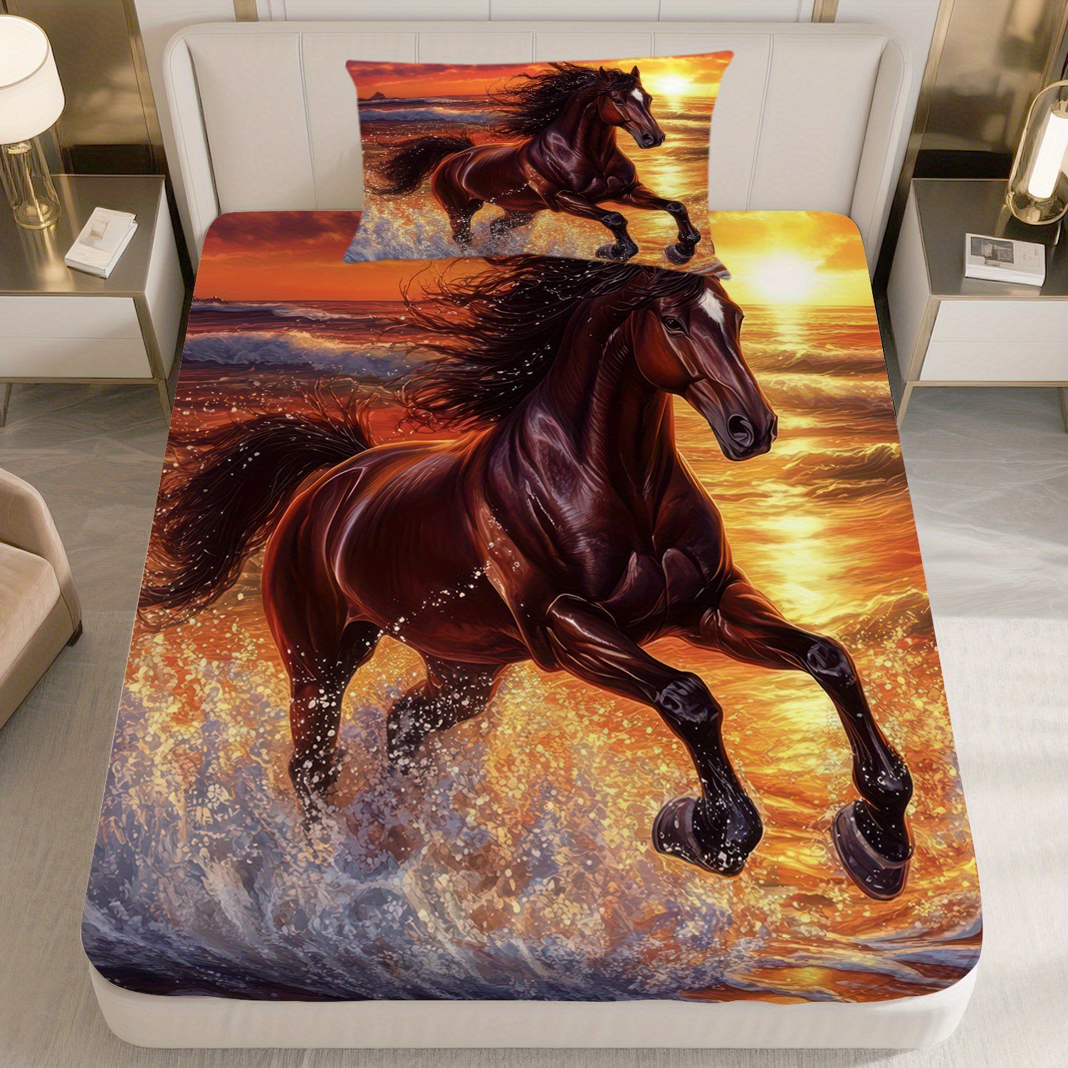 TEMU Mokalala 2/3pcs Horse Waves Sunset Fitted Sheet Collection, Includes 1 Fitted Sheet And 1 Pillowcases, Stylish And Contemporary Summer Bedroom