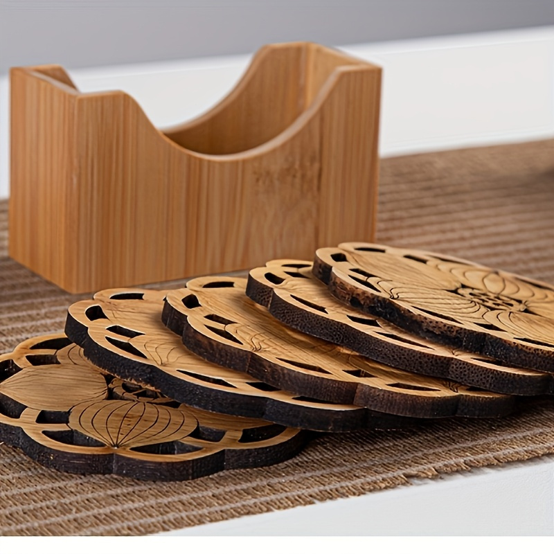 TEMU 5pcs Wooden Coaster Set, For Lotus Petal Pattern, Heat-resistant Table Mats, Suitable For Dining And Tea Drinking, Perfect For Christmas And Halloween Party Home Decor Accessories, Hand Washable