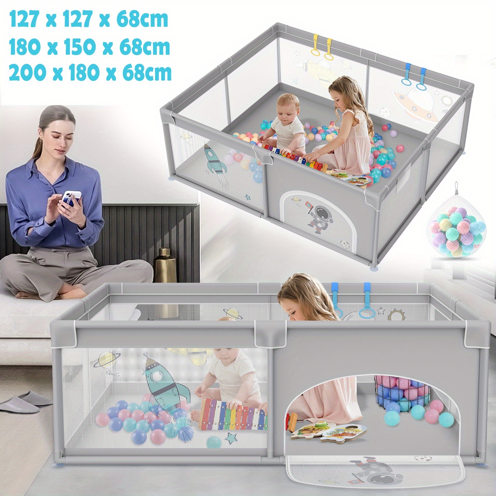 playpen three sizes   grey patterned playpen with crawling gate, ball pit and pull ring 0