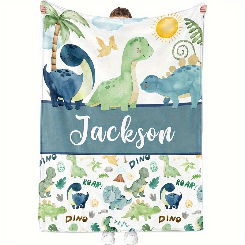 TEMU 1pc Personalized Name Custom Cartoon Dinosaur Blanket - Soft Fleece Sofa, Travel Picnic Throw, Palm Tree Design, Ideal Gift For Couples | |