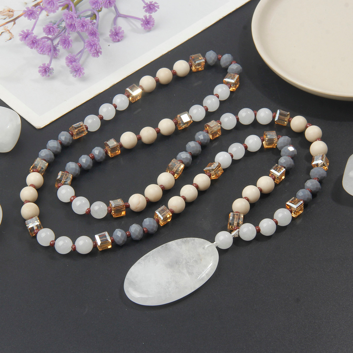 TEMU Women's Quartz Pendant Necklace, 8mm Handmade Long Sweater Chain, Temperament All-match Jewelry, Daily Wear Exquisite Accessory (random Texture