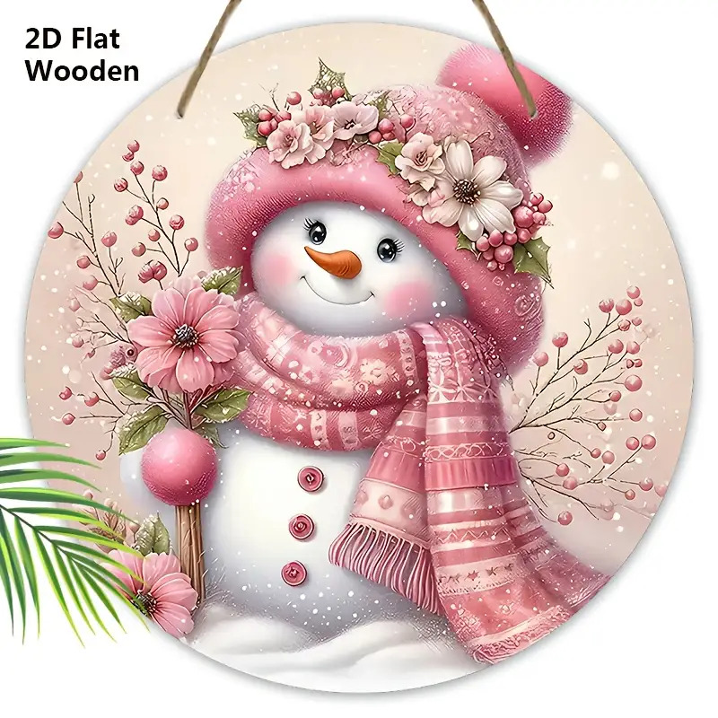 TEMU Plaque en Bois Plat 2D, de Neige de Noël Rose - Idéal pour Décoration de Fête, Décoration Festive/Plaque, Suspension Murale Ronde Élégante avec