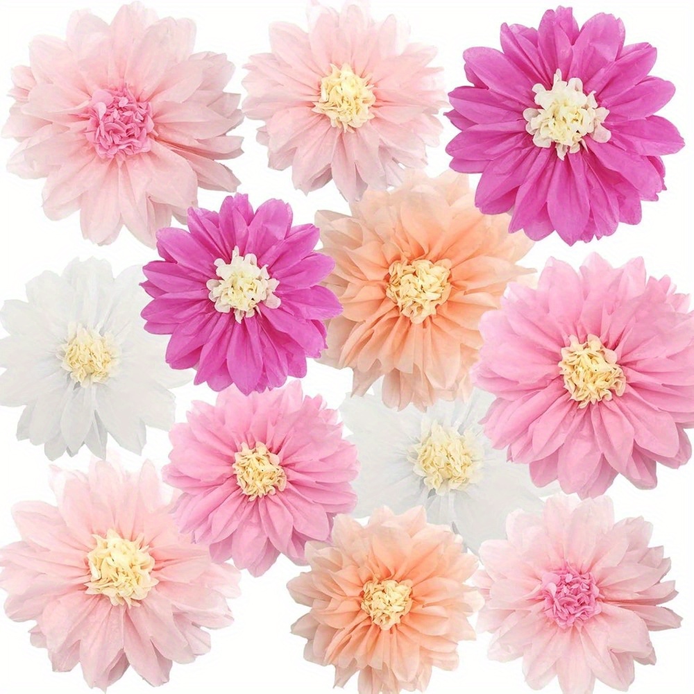 Image of Set Of 12 Assorted Pink Tissue Paper Pom Pom Flowers For Party Decorations, Featuring Sizes Of 10 Inches And 8 Inches In Vibrant Pink And Peach Colors, Mexican Floral Designs