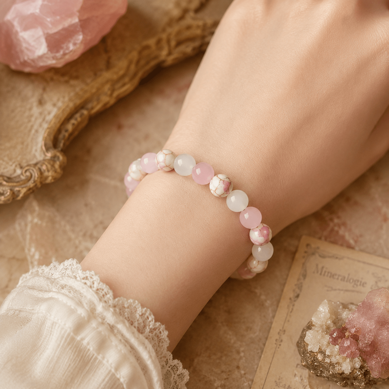 Handmade Lucky Beaded Bracelet with Pink-White Gradient Beads