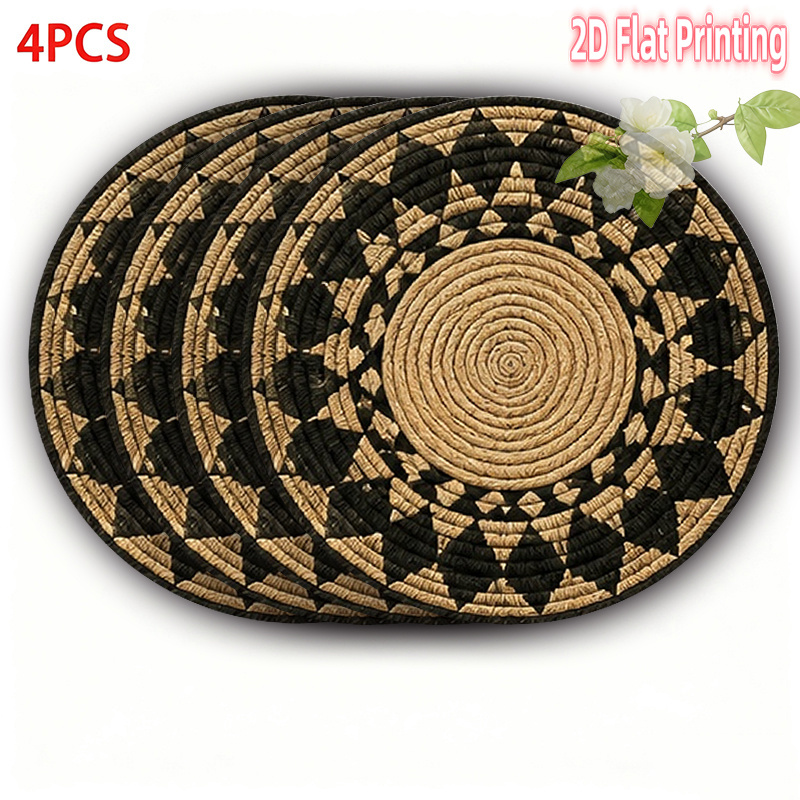 TEMU 4pcs/6pcs/8pcs 2d Flat Printed Geometric Basket Black Beige Polyester Round Placemats, 15Ã15 Inches (38Ã38cm), Multi-scene Versatile, Ideal For