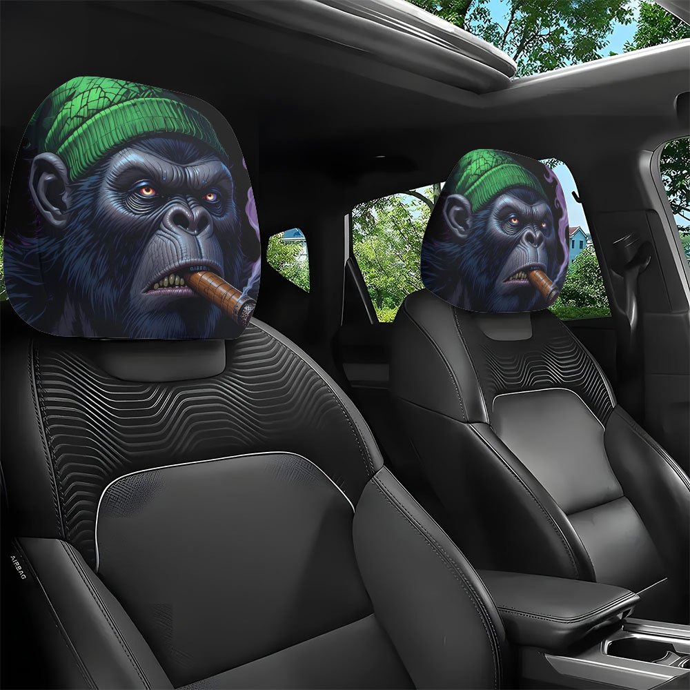 TEMU 2pcs Gorilla Smoking Printed Design Car Headrest Covers, Creative Funny Animal Head Pattern Car Pillowcase Cover