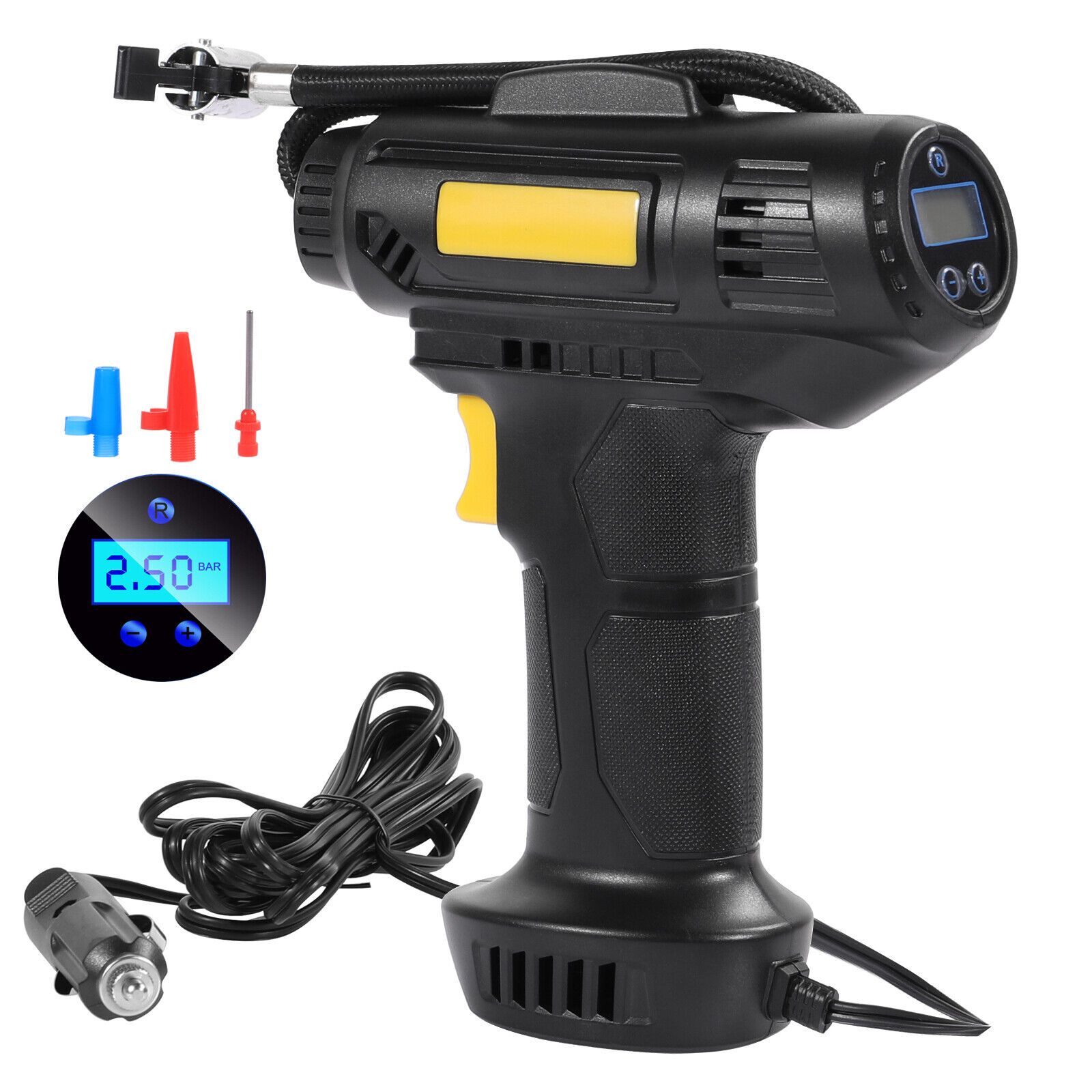 TEMU Tire Inflator Portable Air Compressor, 150 Psi Handheld Air Pump For Car Tires 12v Adapter, Digital Display, For Ball, Motorcycle, Bike Pump