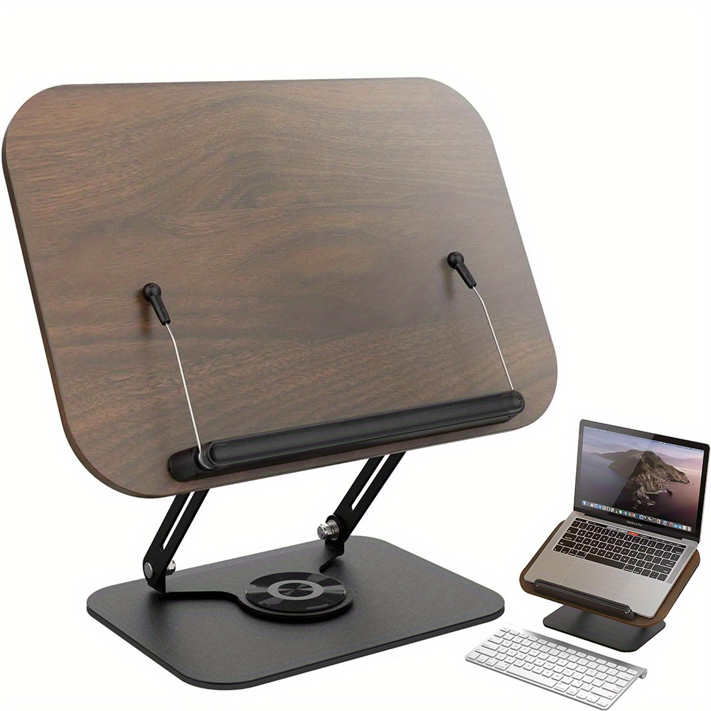 A Collapsible Wooden Stand Featuring 2 Spherical Side Clips, Designed For Books, With An Adjustable 360° Rotating Base, Ideal For Displaying Cookbooks, Magazines, Tablets, And Laptops