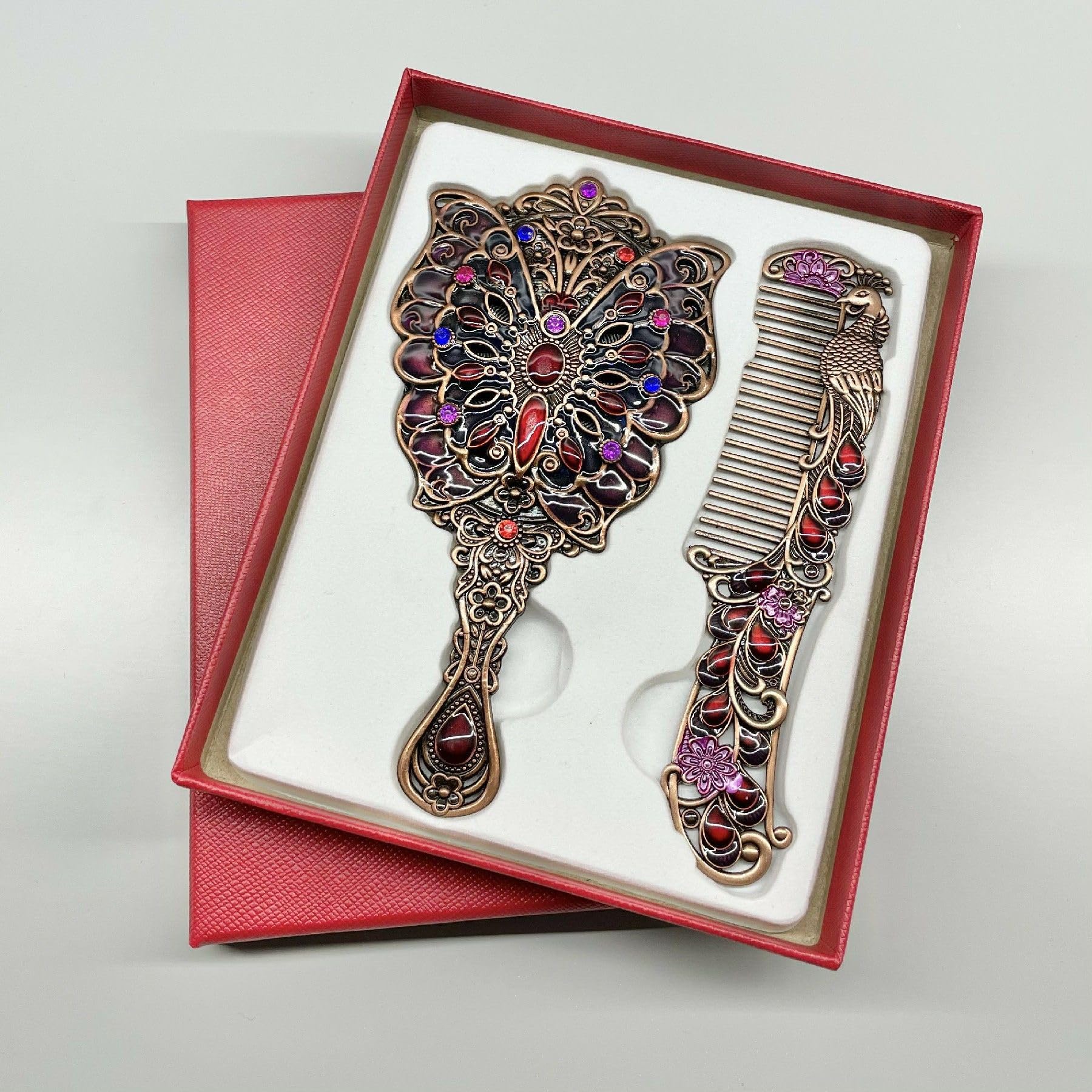TEMU 2pcs Portable Vintage Makeup Mirror And Comb Set - Featuring Floral Decor, Compact Gold-tone Metal Handheld Mirror - An Exquisite Holiday Gift