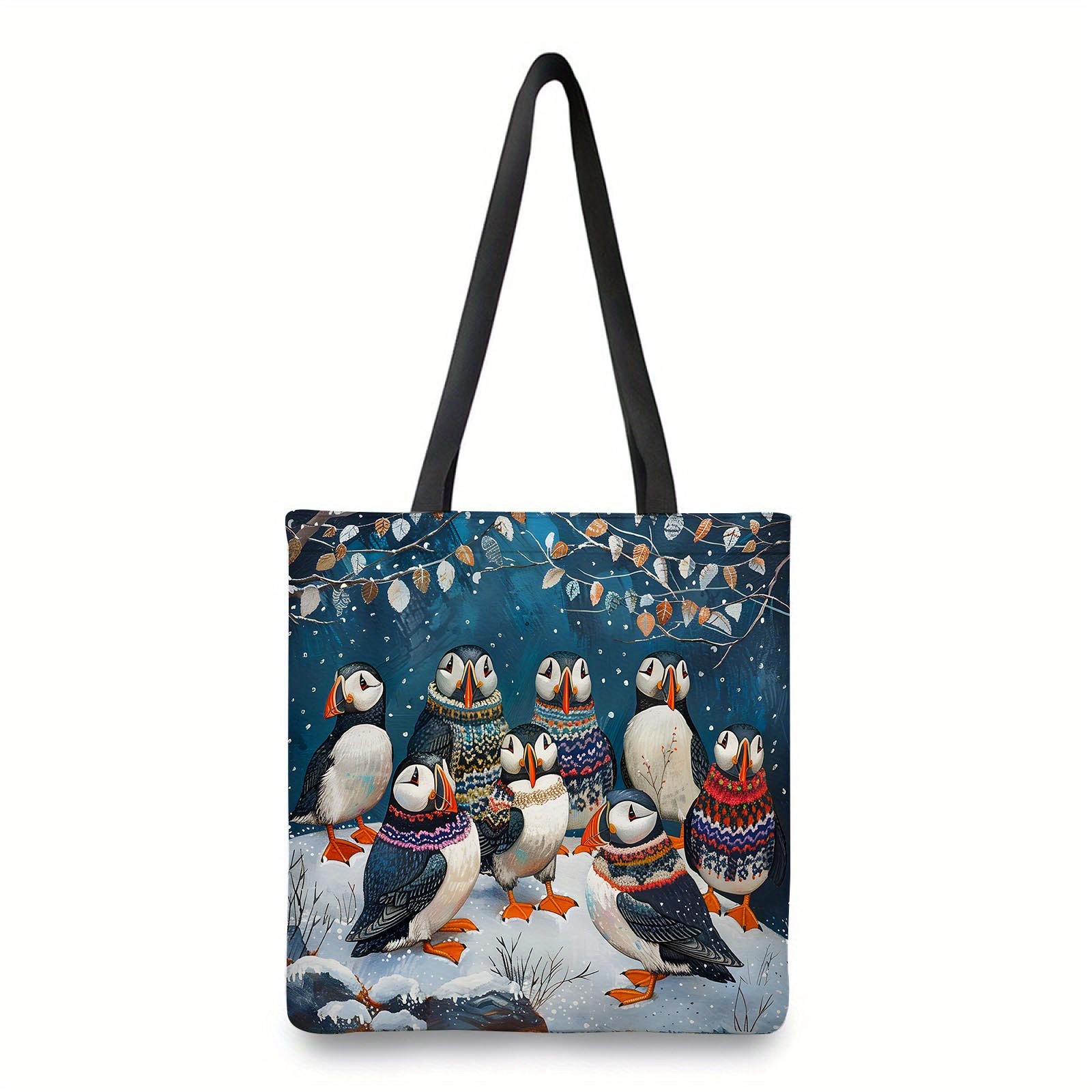 

Chic Puffinbirds Knit Tote Bag - Lightweight, Foldable & Machine Washable - Daily , Travel & Shopping, Fade Resistant, Cartoon Print, Shoulder Bag