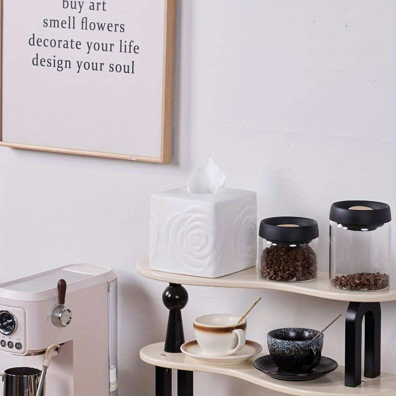 1pc elegant white ceramic tissue box holder with carved lid - large square/rectangular design, decorative lid & sturdy base for bathroom, vanity, kitchen, office - decorative storage for tissues, tissues not included - modern & traditional decor - compatible with cylindrical boxes (compatible with tissue boxes, not tissues) - ceramic tissue box cover with carved rose detailing, decorative tissue box holder, tissue holder bathroom, tissue box with storage, Product details 7