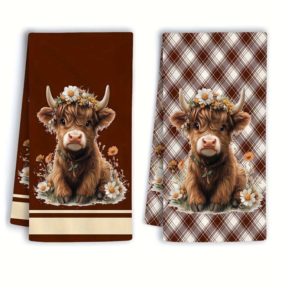 TEMU 2pcs Highland Cow Dish Towels | Soft Polyester, Vibrant Cow & Design, Kitchen Decor, Perfect For Easter & , Funny Kitchen Accent