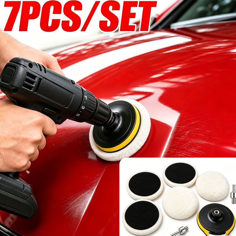 TEMU 7pcs 4' Car Polishing Pads, Foam & Wool Buffing Kit For Drill With M10/m14 Adapter, Universal For Detailing, Waxing & Scratch Removal, Care Set