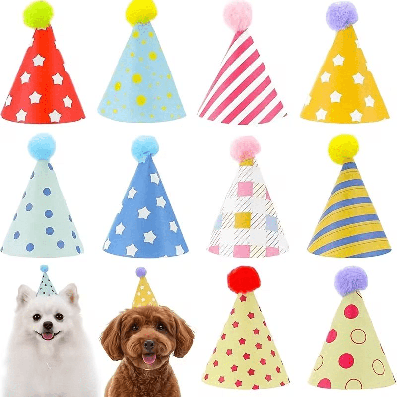 TEMU 10-pack Pet Birthday Party Hats, Suitable For Small Dogs And Cats, Adjustable Elastic Colored Paper Hats, Cute Puppy And Kitten And Plush Toy