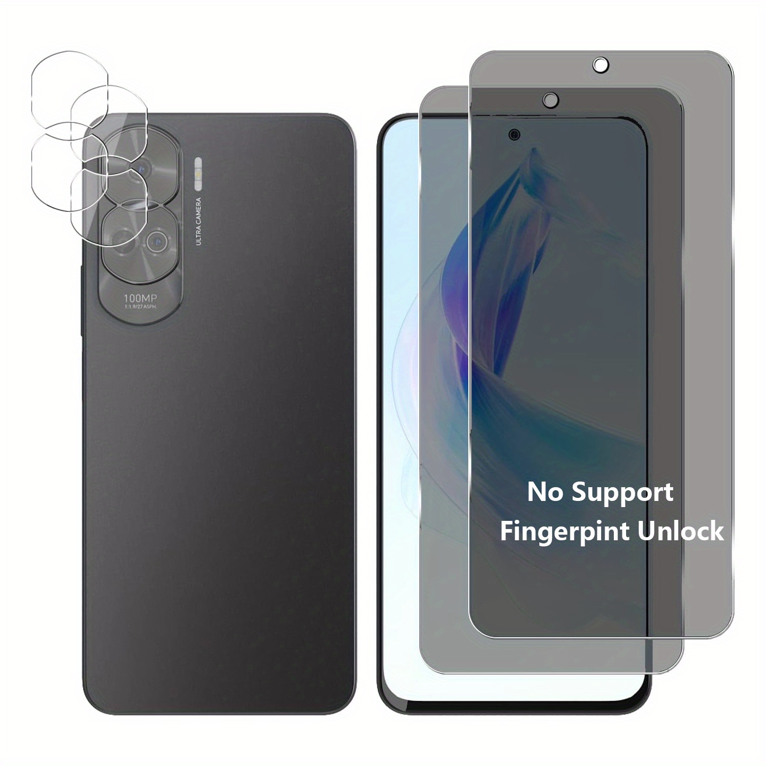 E-shop 4-in-1 2+2 Stück Anti-Spionage Panzerglas Kompatibel mit für Honor 90 Lite Objektiv Glas Privatsphäre Schutzglas für Honor 90 Lite