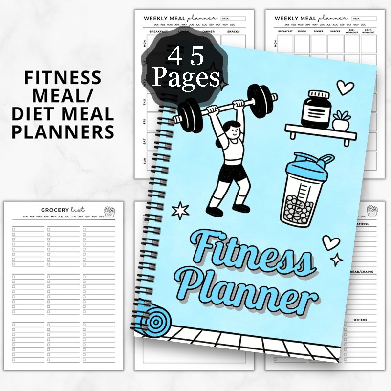 1pc Fitness Planner Spiral Notebook Journal | Diet and Fitness Exercise Health Log, Daily Exercise Planner for Women and Men, Compact Size, Fitness Themed Personal Organizer, Weight Loss Plan, Weight Lifting Shaker Bottle, Supplement Container
