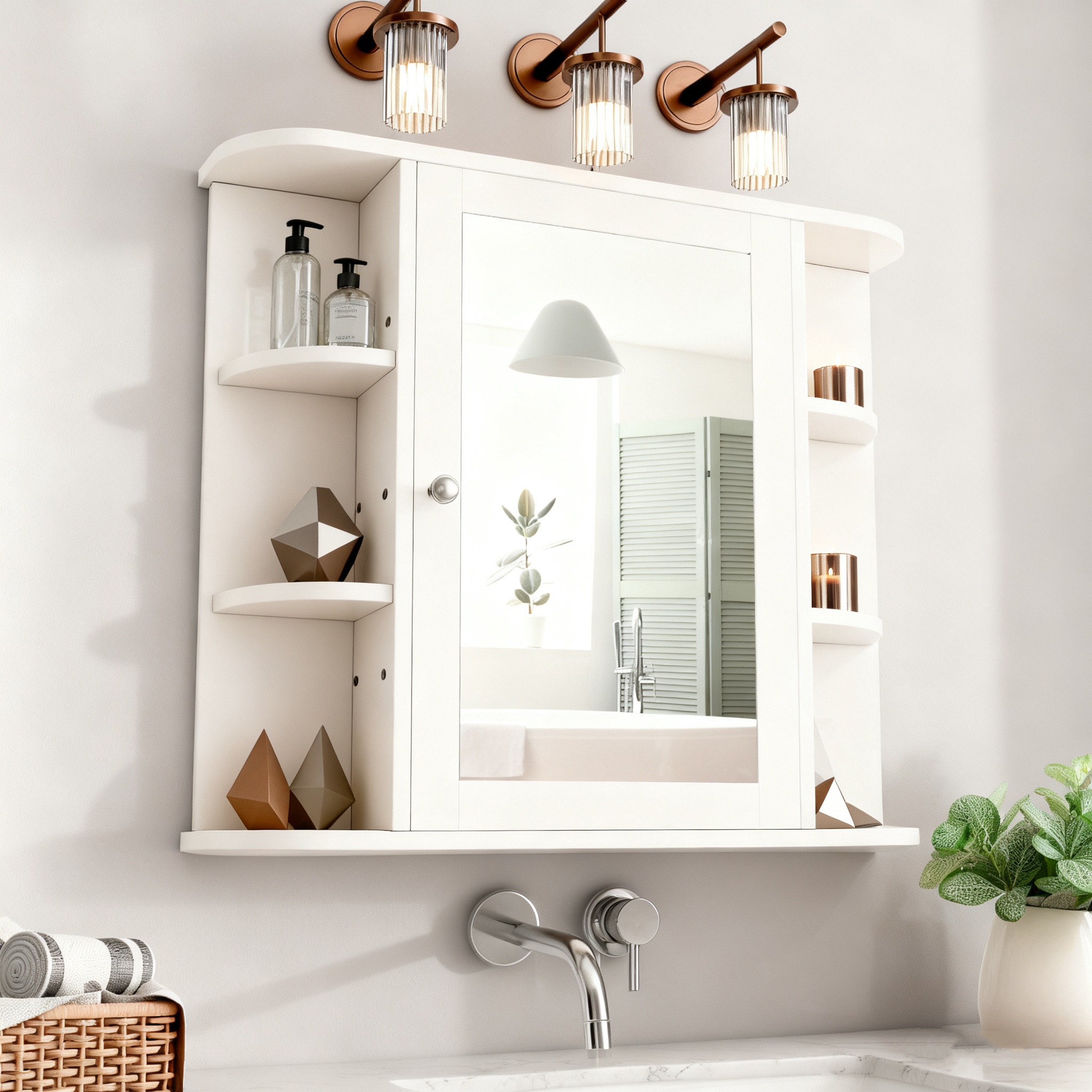 TEMU White Medicine Cabinet With Mirror, Bathroom Mirror Cabinet Wall Mounted With 6 Side Open Shelves, Large Storage Organizer