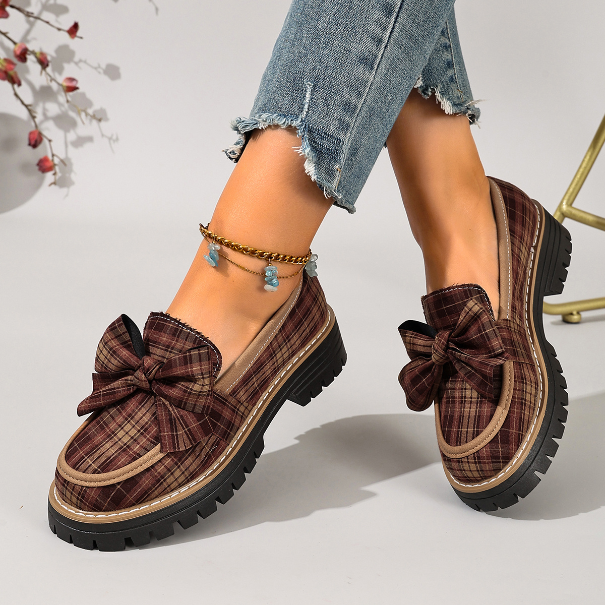TEMU Chaussures pour femme : Mocassins et chaussures, chaussures à nœud à carreaux, Talons hauts, Styles printemps/automne, Confortables et